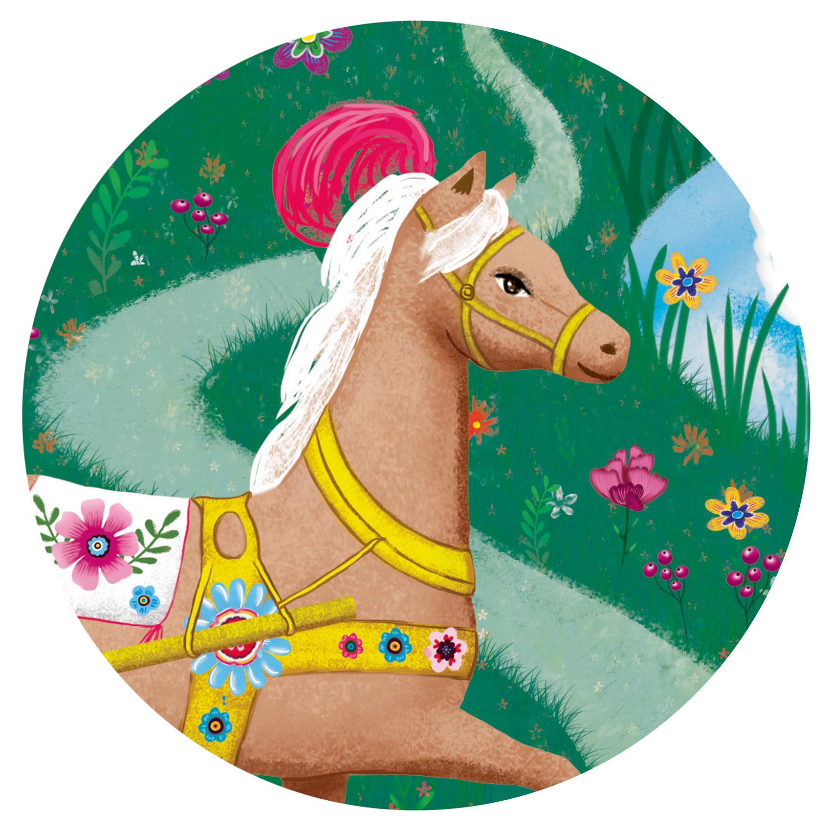 Illustration of a horse with a colorful bridle on a green background with flowers
