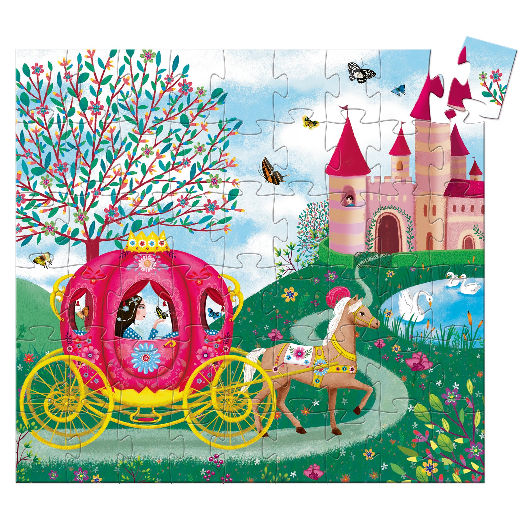 Children's puzzle with a princess in a pink carriage and castle in a garden setting.