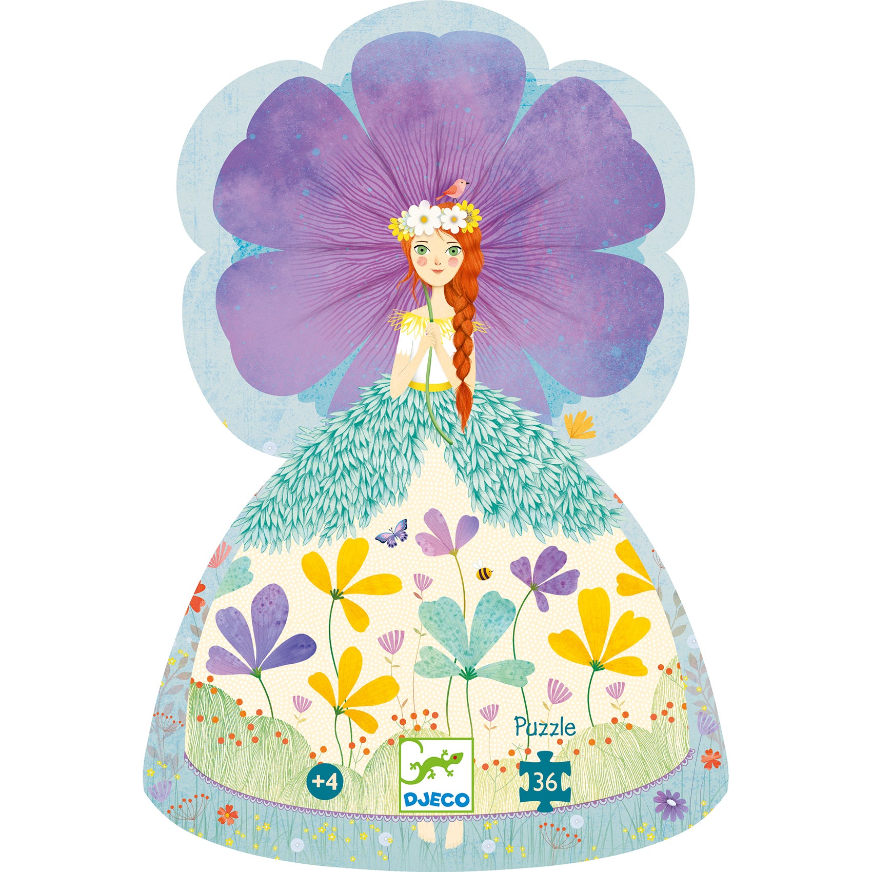 Puzzle packaging with a fairy and flower design, featuring the brand 'DJECO'.