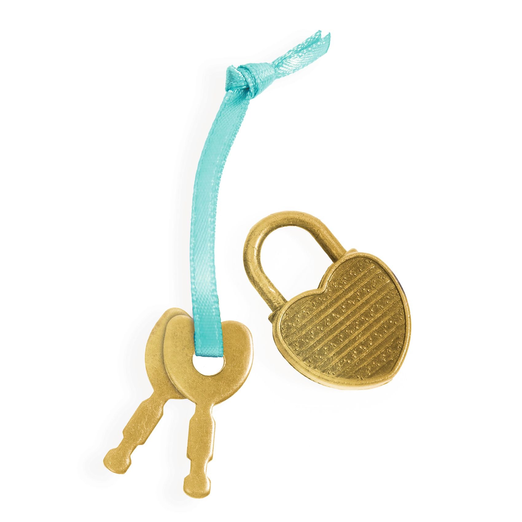 Gold coloured padlock and keys with a turquoise ribbon on a white background