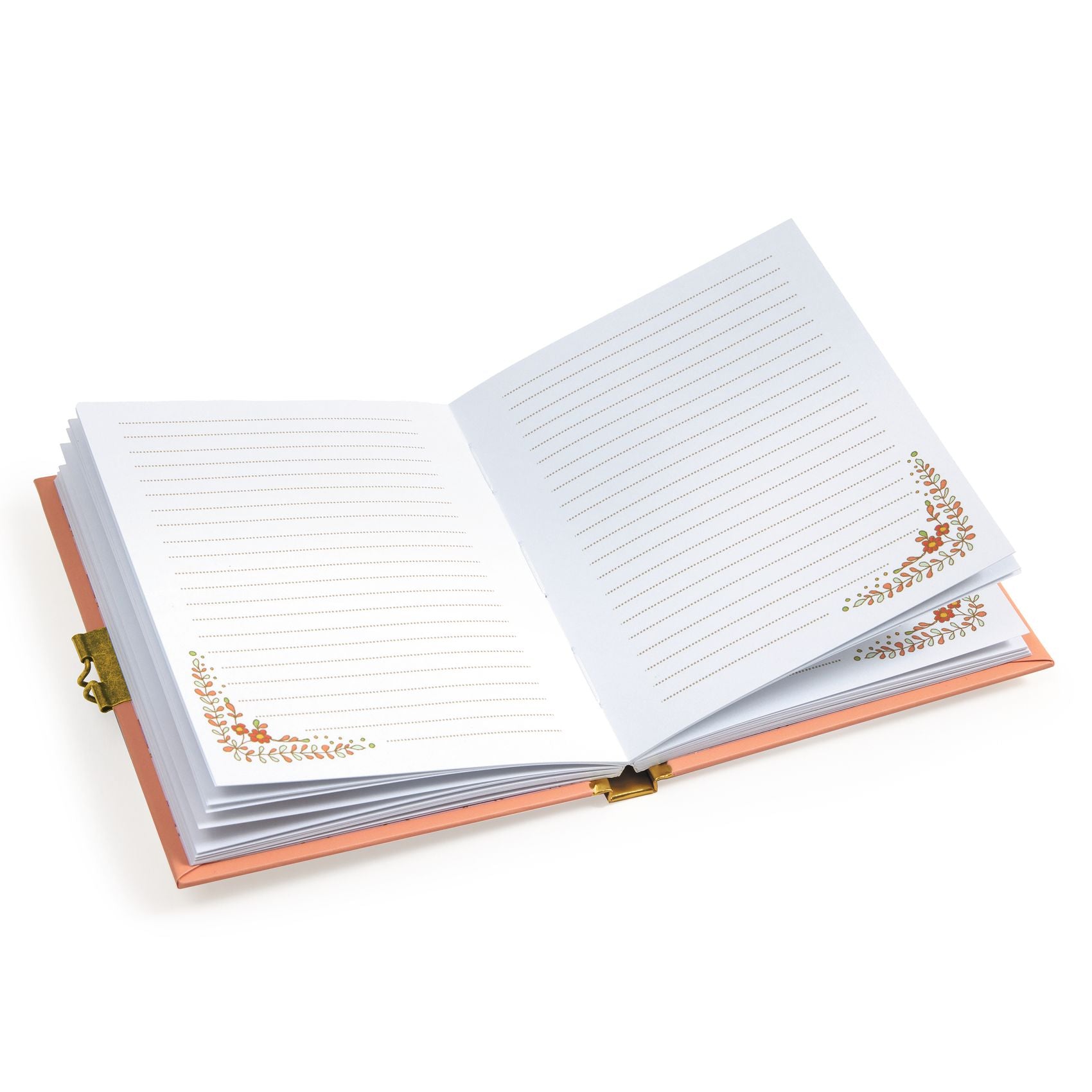 Open notebook with decorative floral patterns on a white background