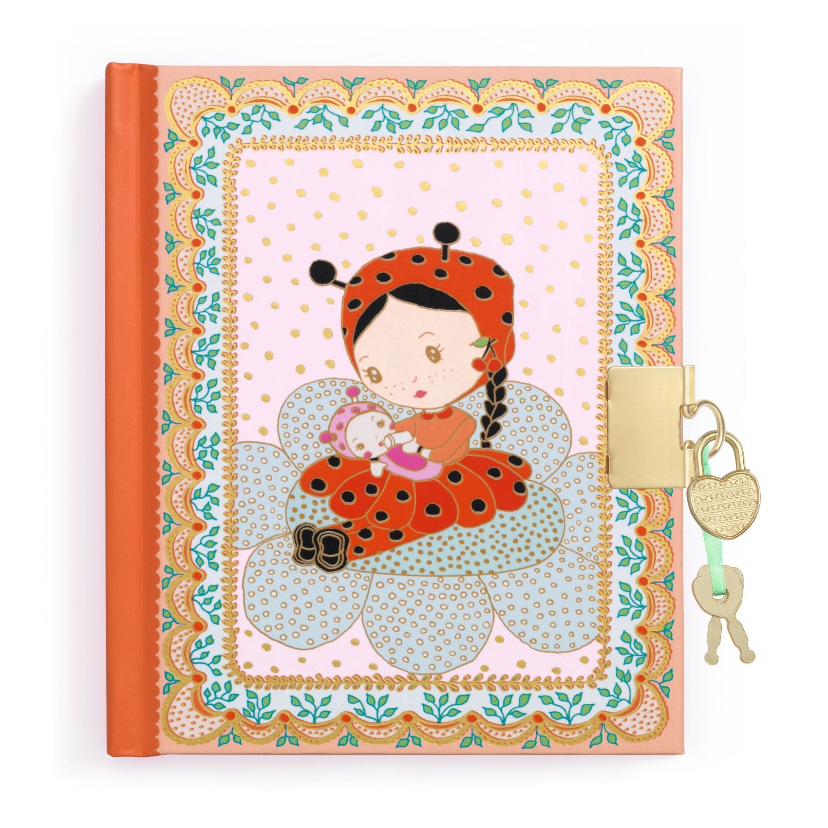 Notebook with a ladybug design and decorative elements on a white background