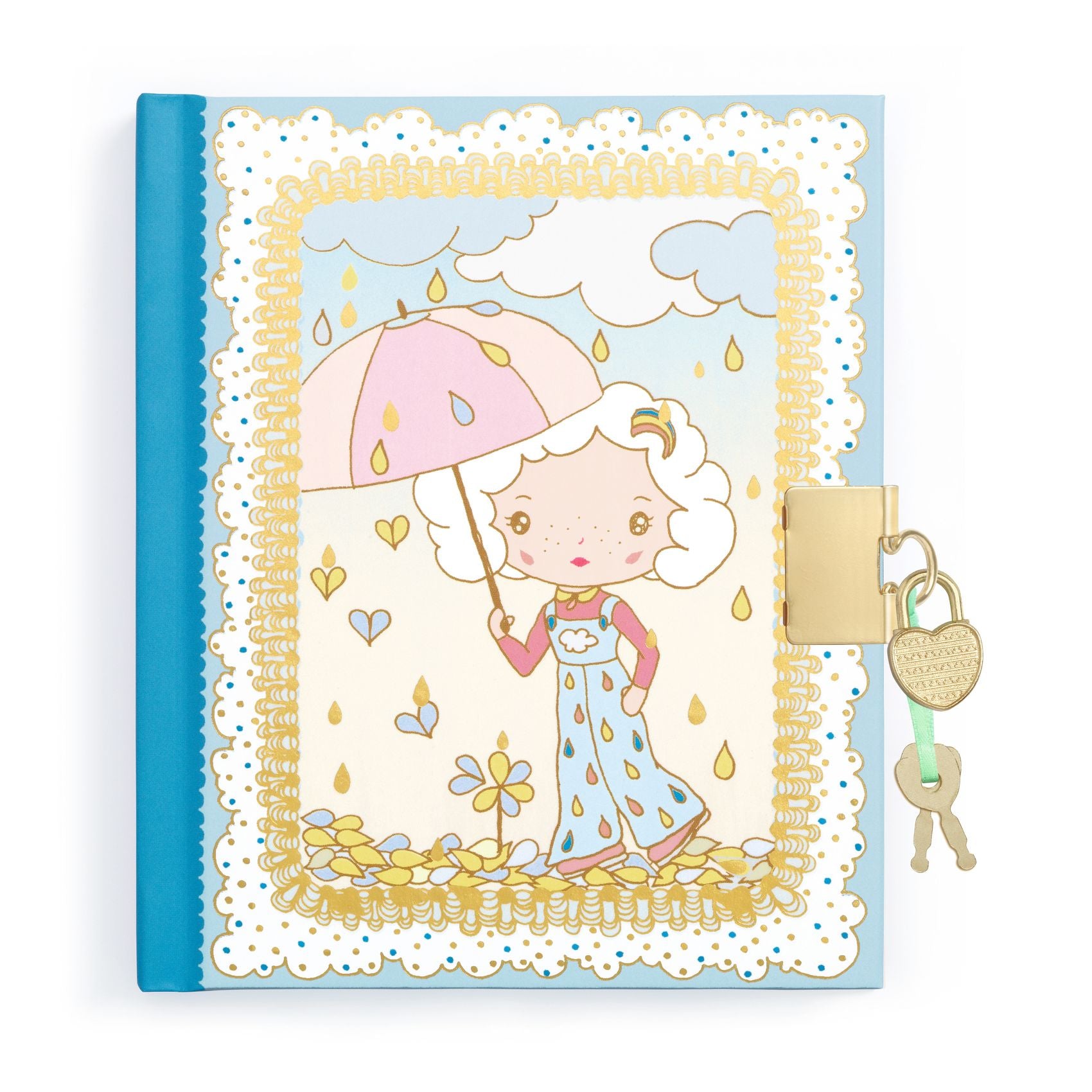 Notebook with a girl holding an umbrella illustration on a blue background