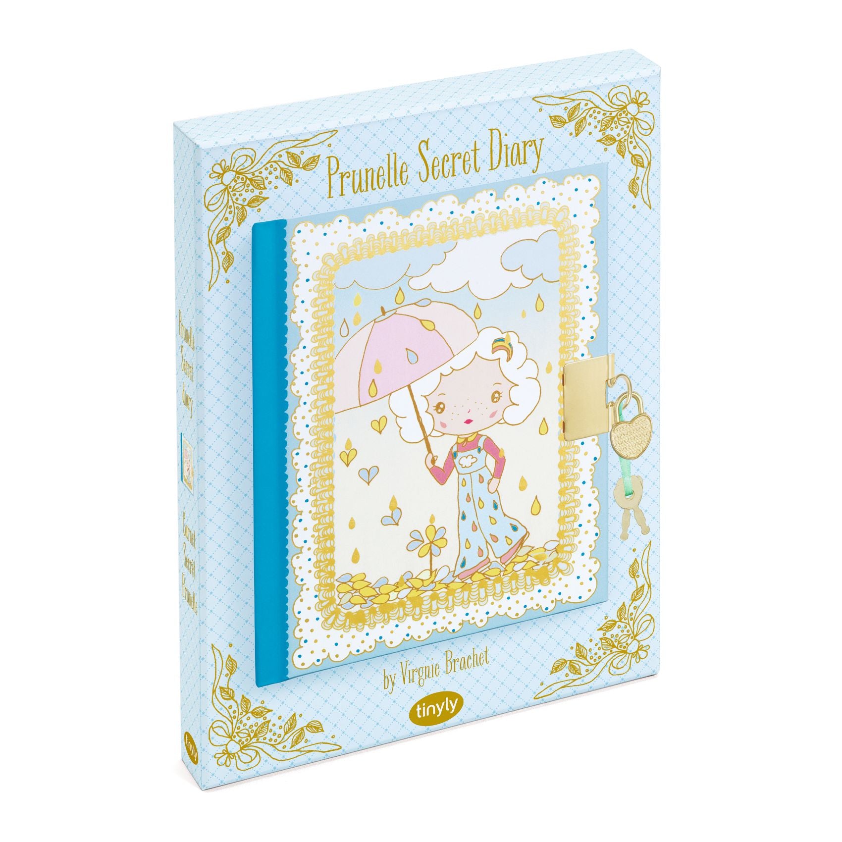 Prunelle Secret Diary with illustration of a girl with an umbrella on a blue background