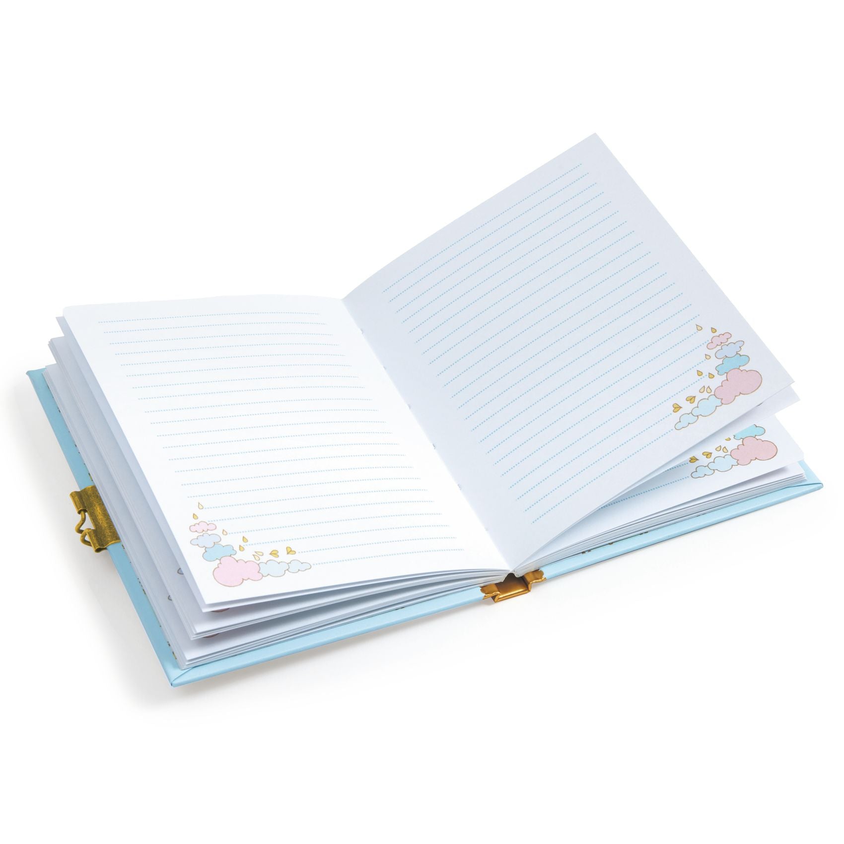 Open notebook with lined pages and decorative elements on a white background