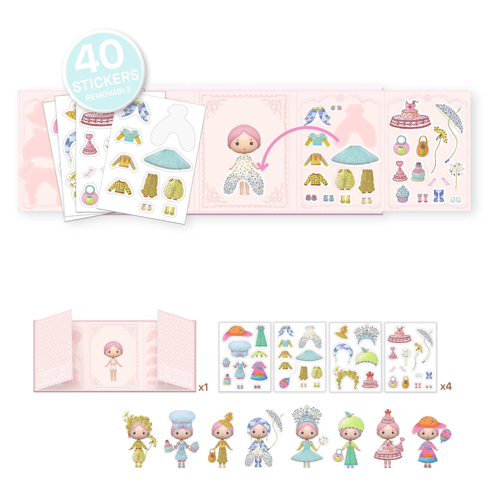 Sticker book with colorful stickers of dolls and clothing on a white background