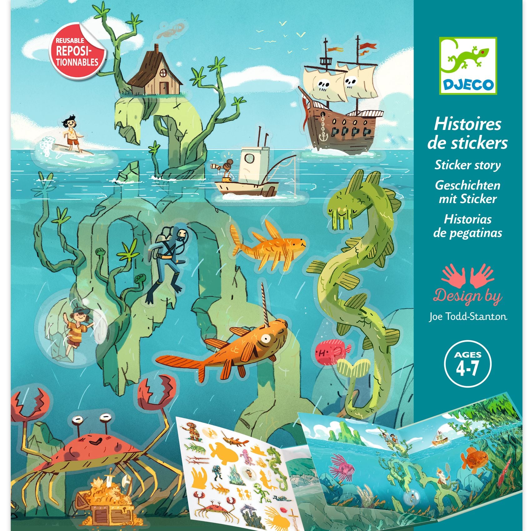 Sticker book cover with underwater scene, cartoon characters, and Djeco branding.