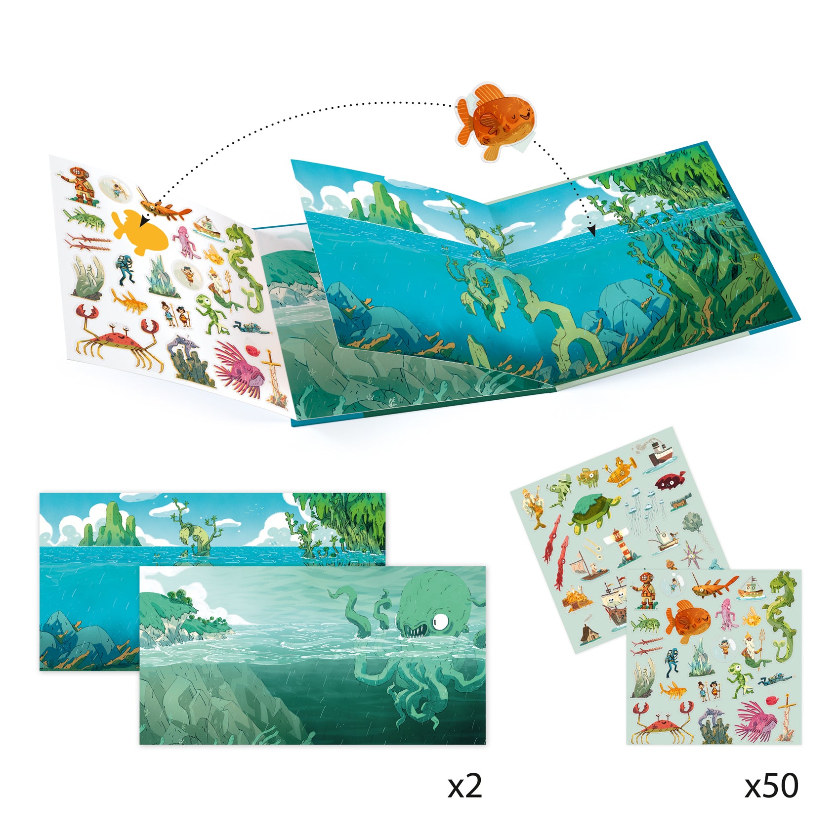 Set of ocean-themed stickers and a book with underwater illustrations on a white background