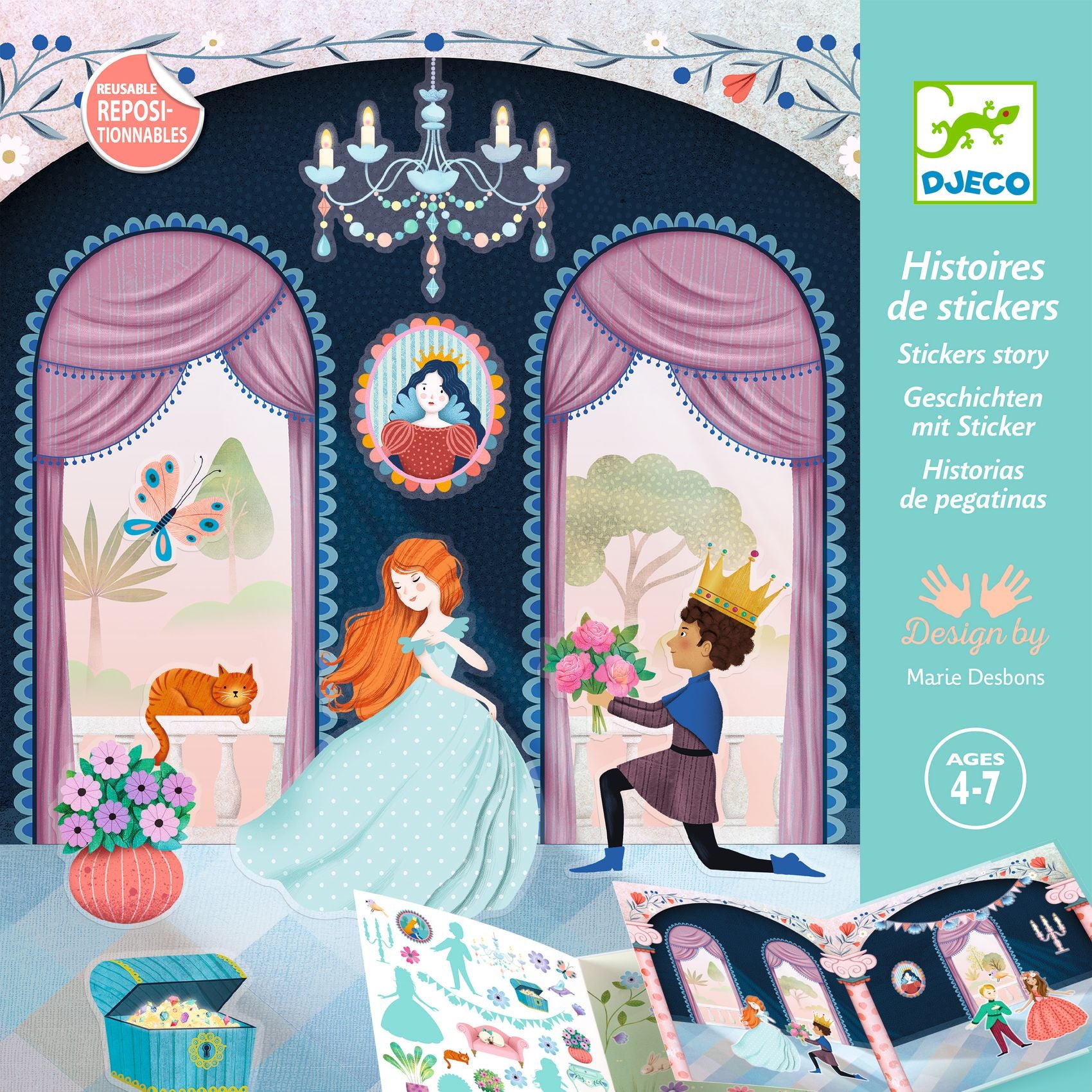 Sticker book cover with princess and prince illustration, DJECO branding, and colorful design.