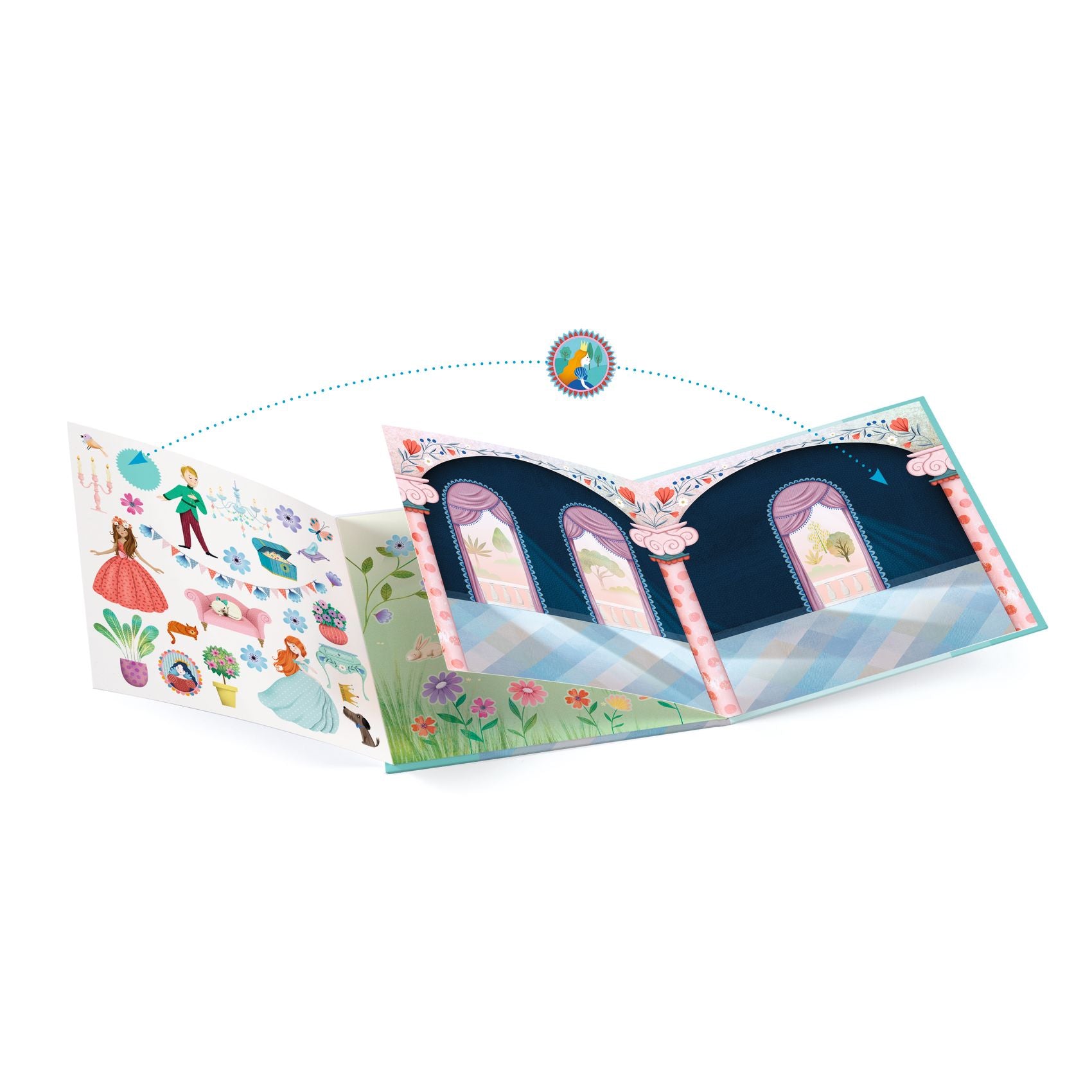Children's sticker book with princess-themed illustrations on a white background