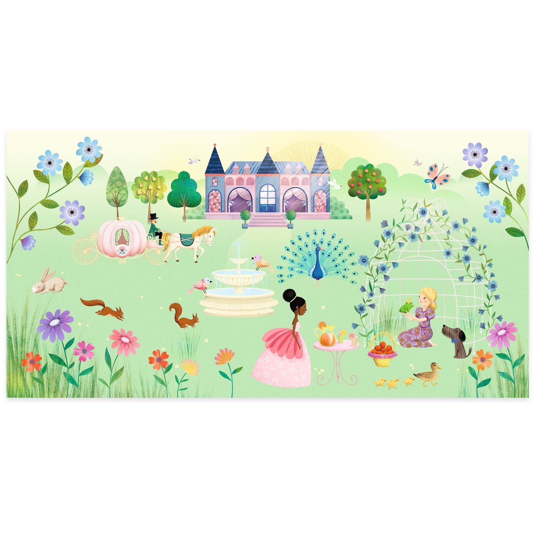 sticker book Illustration of a fairy tale scene with a castle, flowers, and characters on a green background