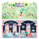 sticker book Illustration of a princess scene with a castle, flowers, and characters in a fairy tale setting.