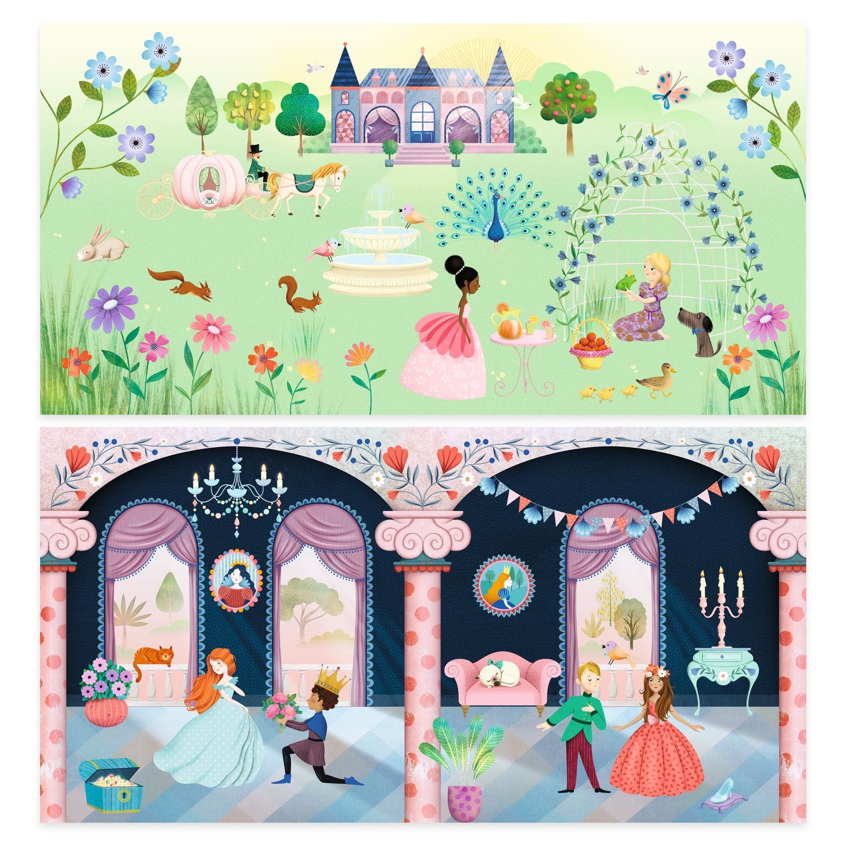 sticker book Illustration of a princess scene with a castle, flowers, and characters in a fairy tale setting.