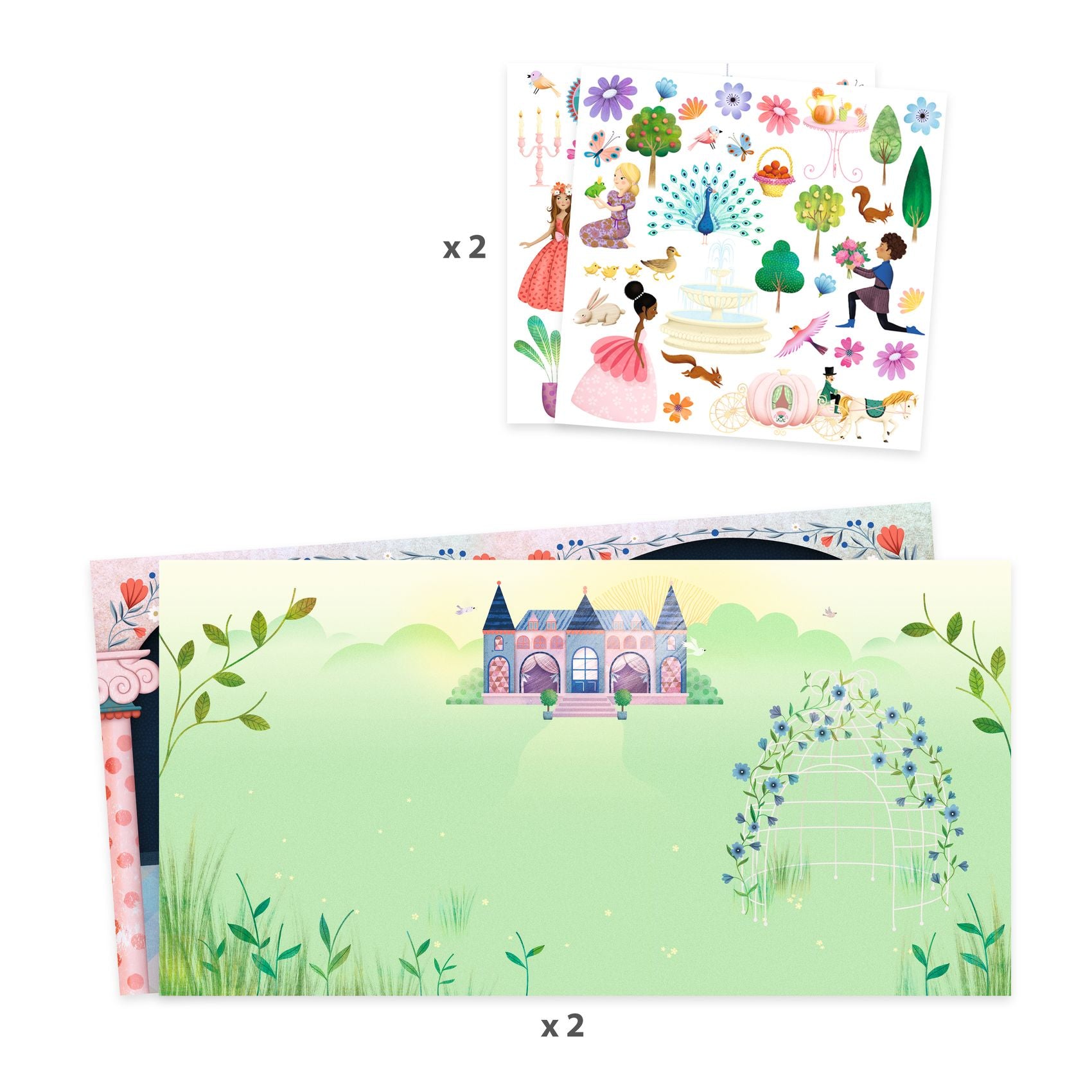 Two sheets of sticker book with fairy-themed designs on a white background