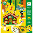 Children's sticker book cover with forest scene, house, and characters on a yellow background