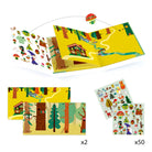 Children's activity set with a map, stickers, and trees on a white background
