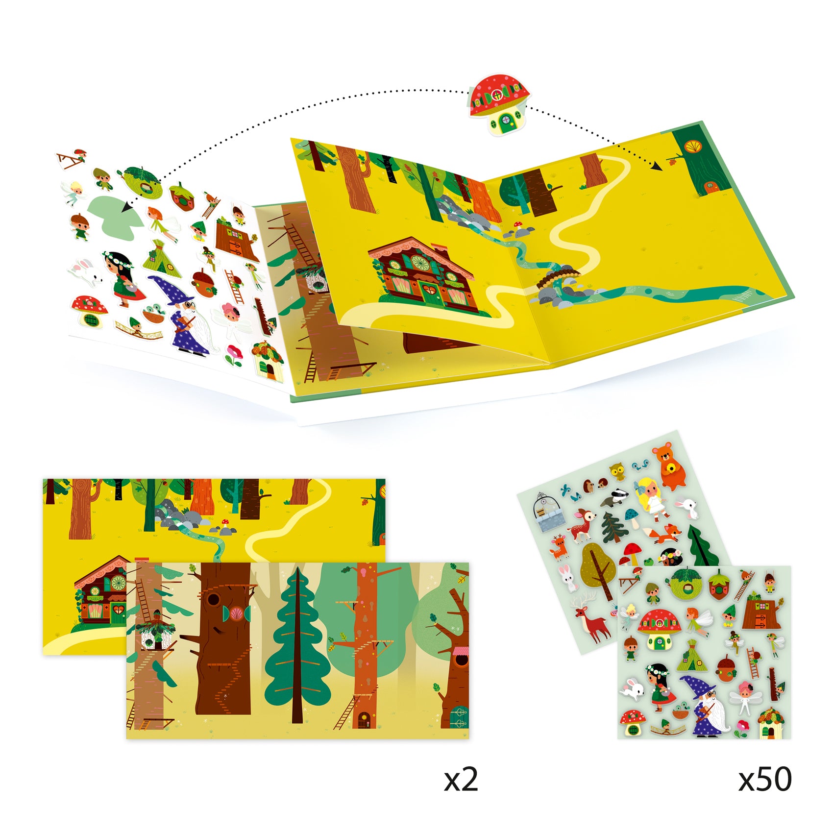Children's activity set with a map, stickers, and trees on a white background