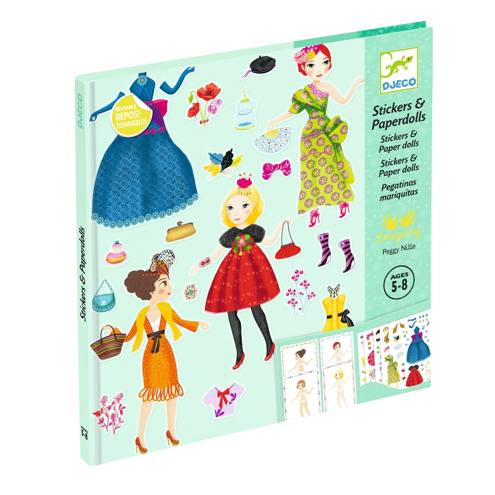 Stickers and paper dolls book by Djeco with colorful illustrations on a light green background