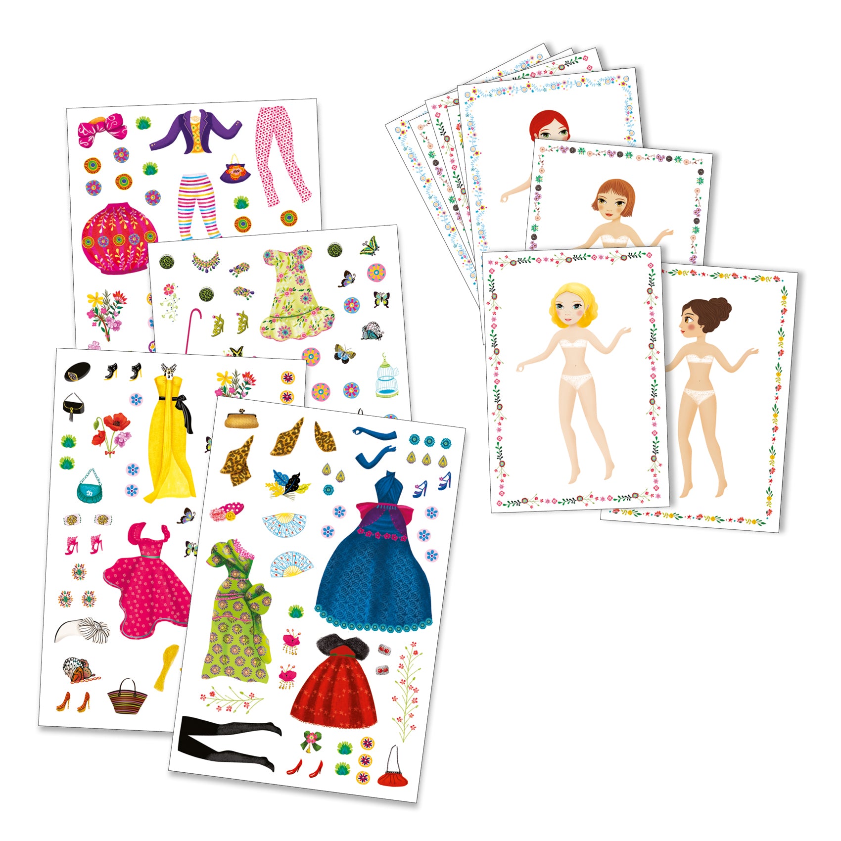 Set of Djeco high fashion paper dolls with clothing and accessories on white background