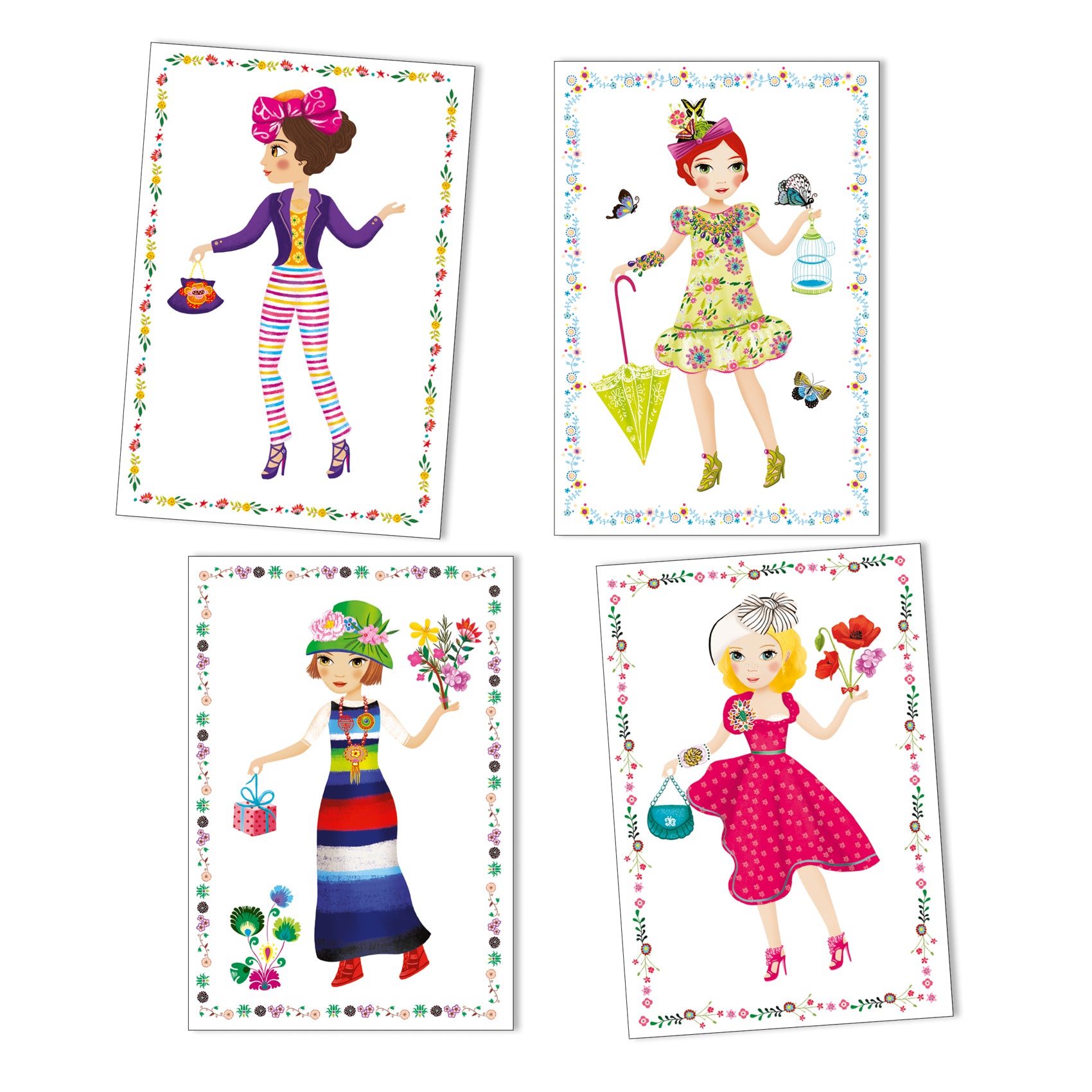 Four colorful illustrations of high fashion Djeco paper dolls with decorative borders on a white background