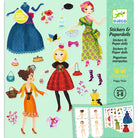 Stickers and paper dolls set with colorful dresses and accessories on a light green background, featuring the Djeco brand.
