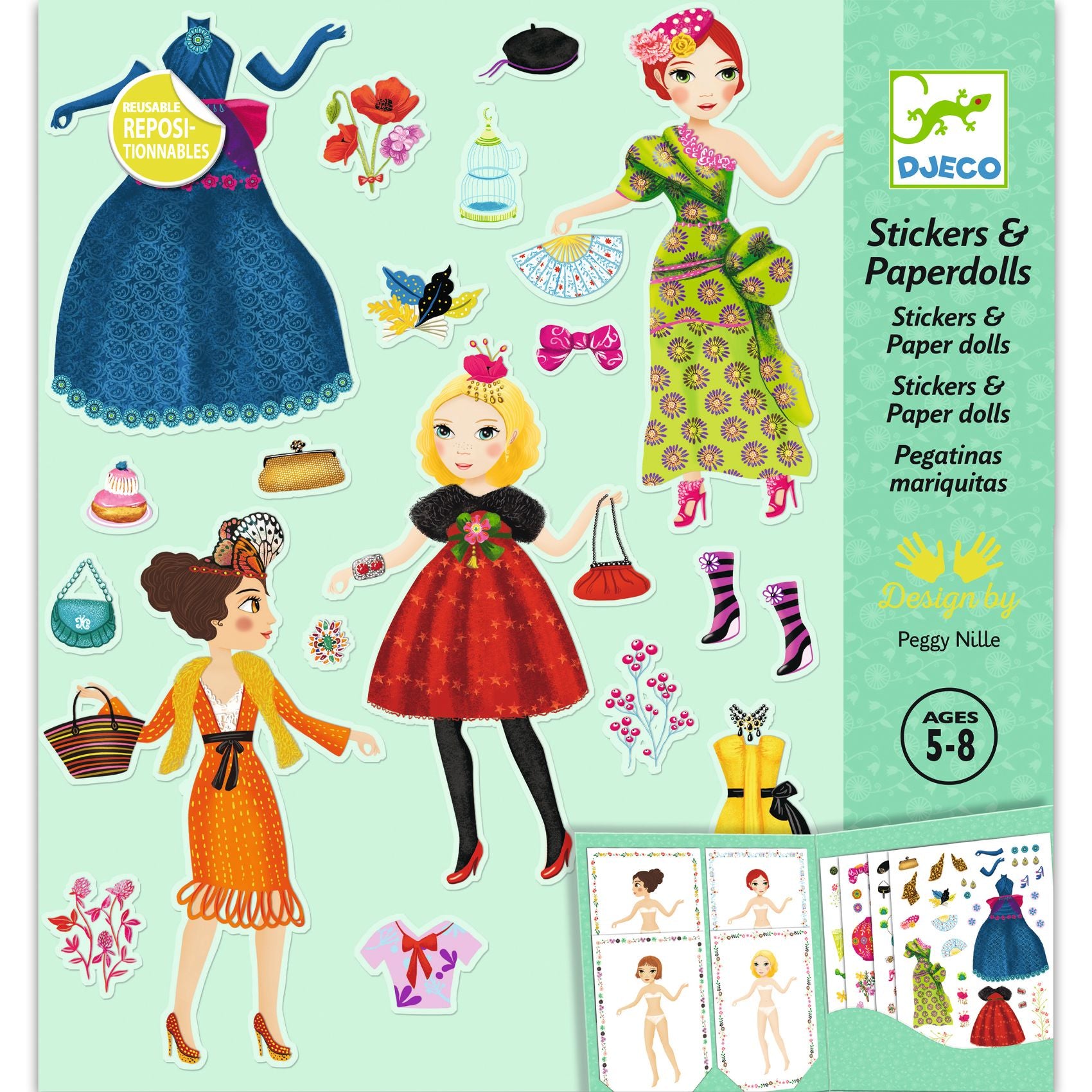 Stickers and paper dolls set with colorful dresses and accessories on a light green background, featuring the Djeco brand.