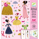 Stickers and paper dolls set with colorful dresses and accessories on a pink background, designed by Djeco.