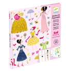 Djeco stickers and paper dolls set packaging with illustrations of dolls and dresses on a pink background.