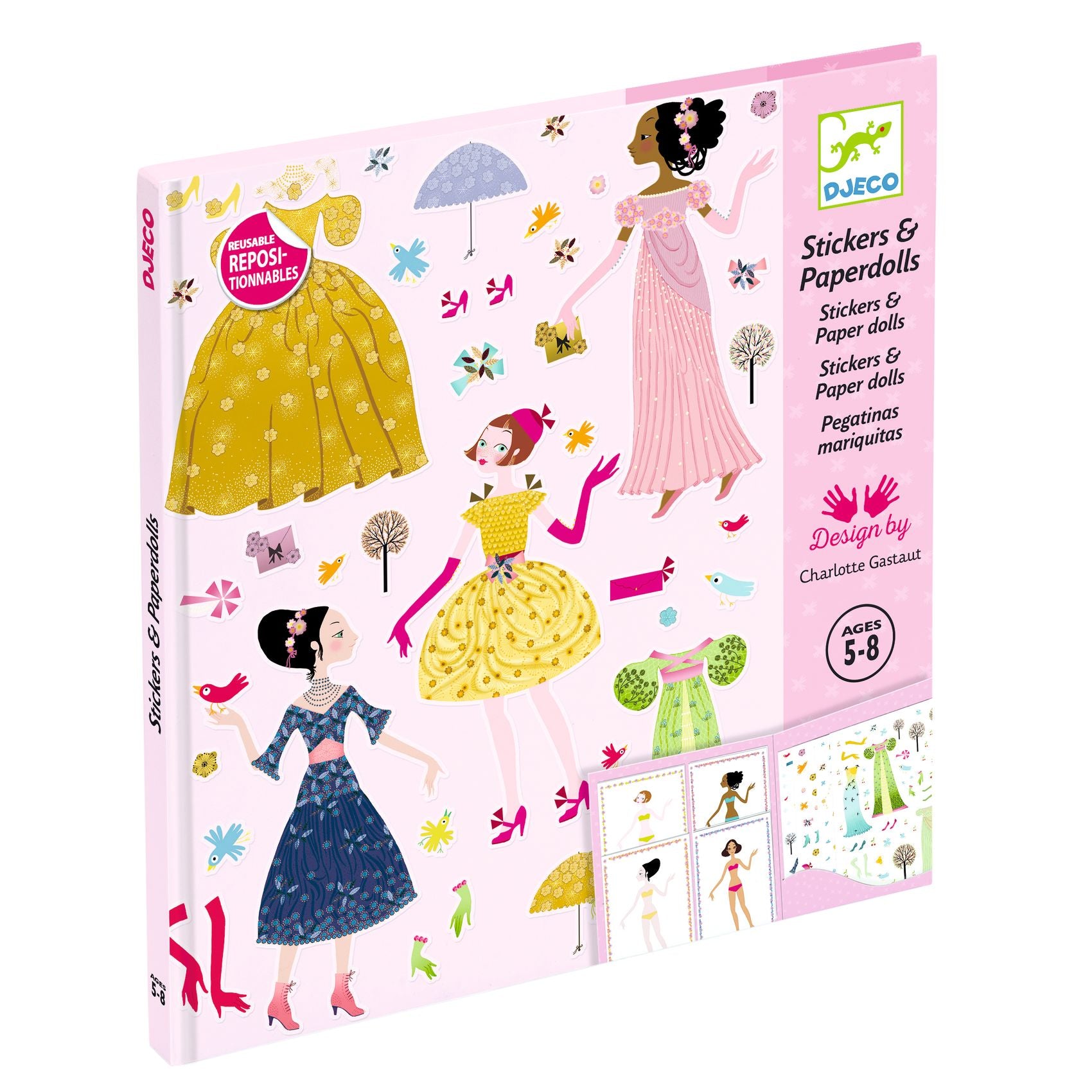 Djeco stickers and paper dolls set packaging with illustrations of dolls and dresses on a pink background.