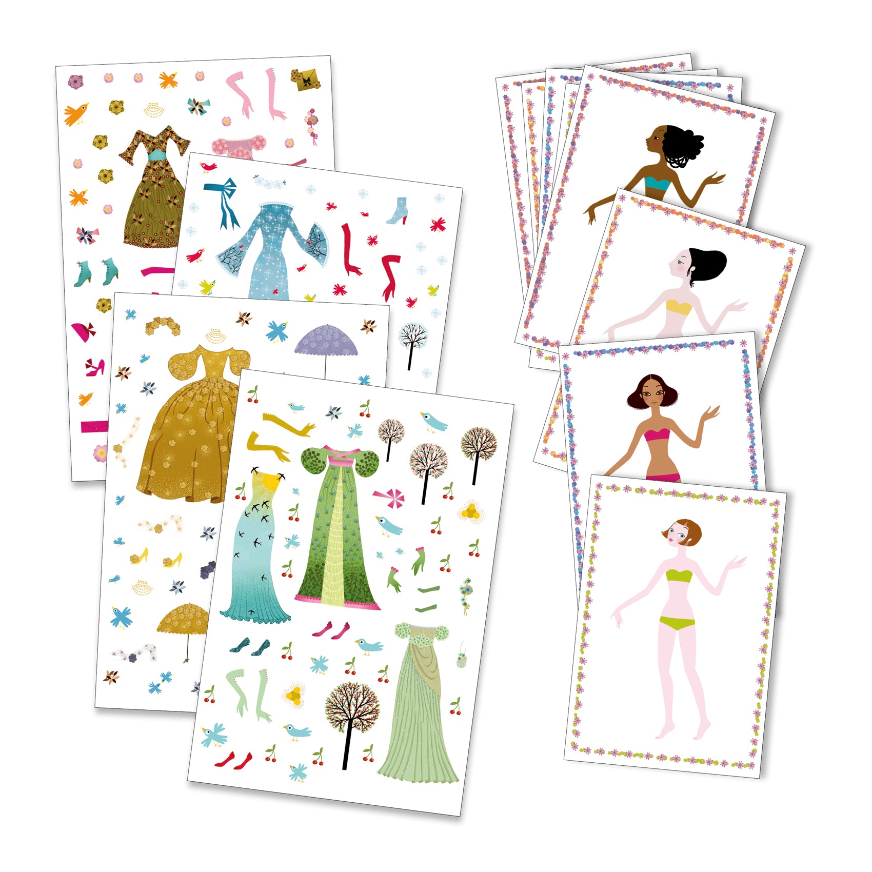 Set of paper dolls with dresses and accessories on white background