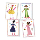 Four illustrated cards featuring women in colorful dresses on a white background