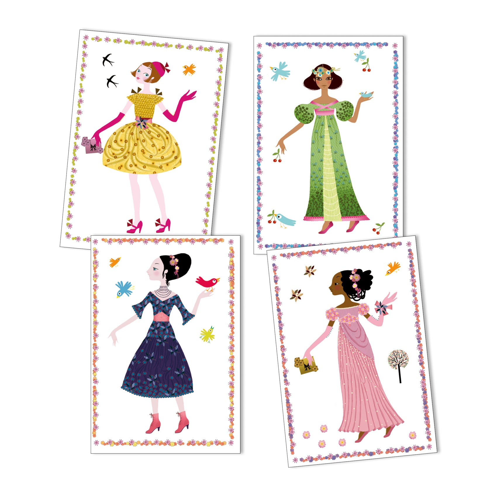 Four illustrated cards featuring women in colorful dresses on a white background
