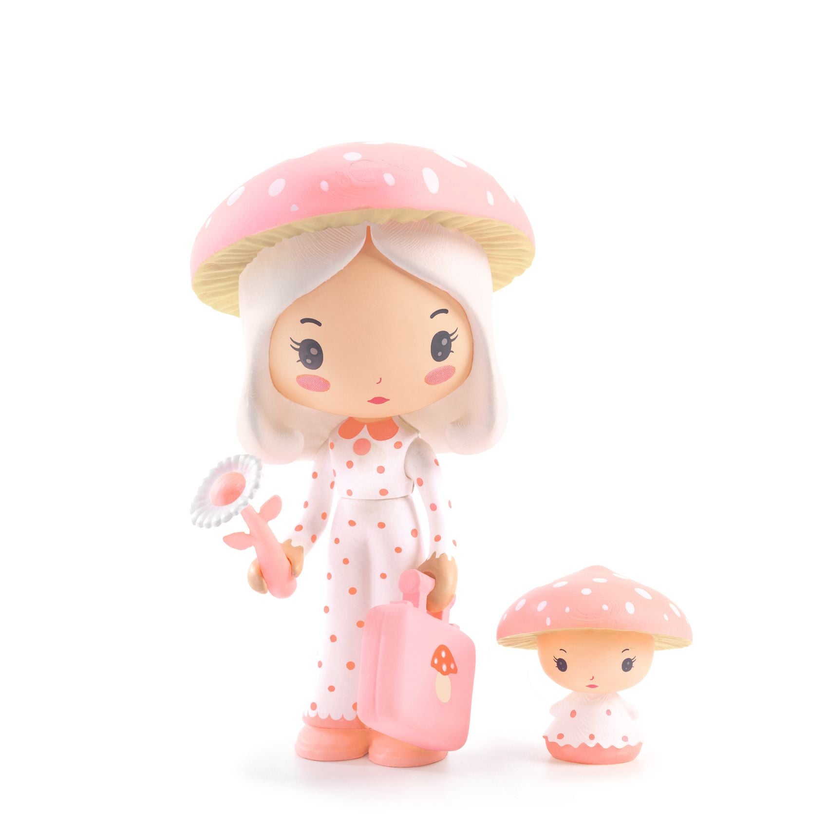 Two Toy figure with a pink mushroom hat and suitcase on a white background