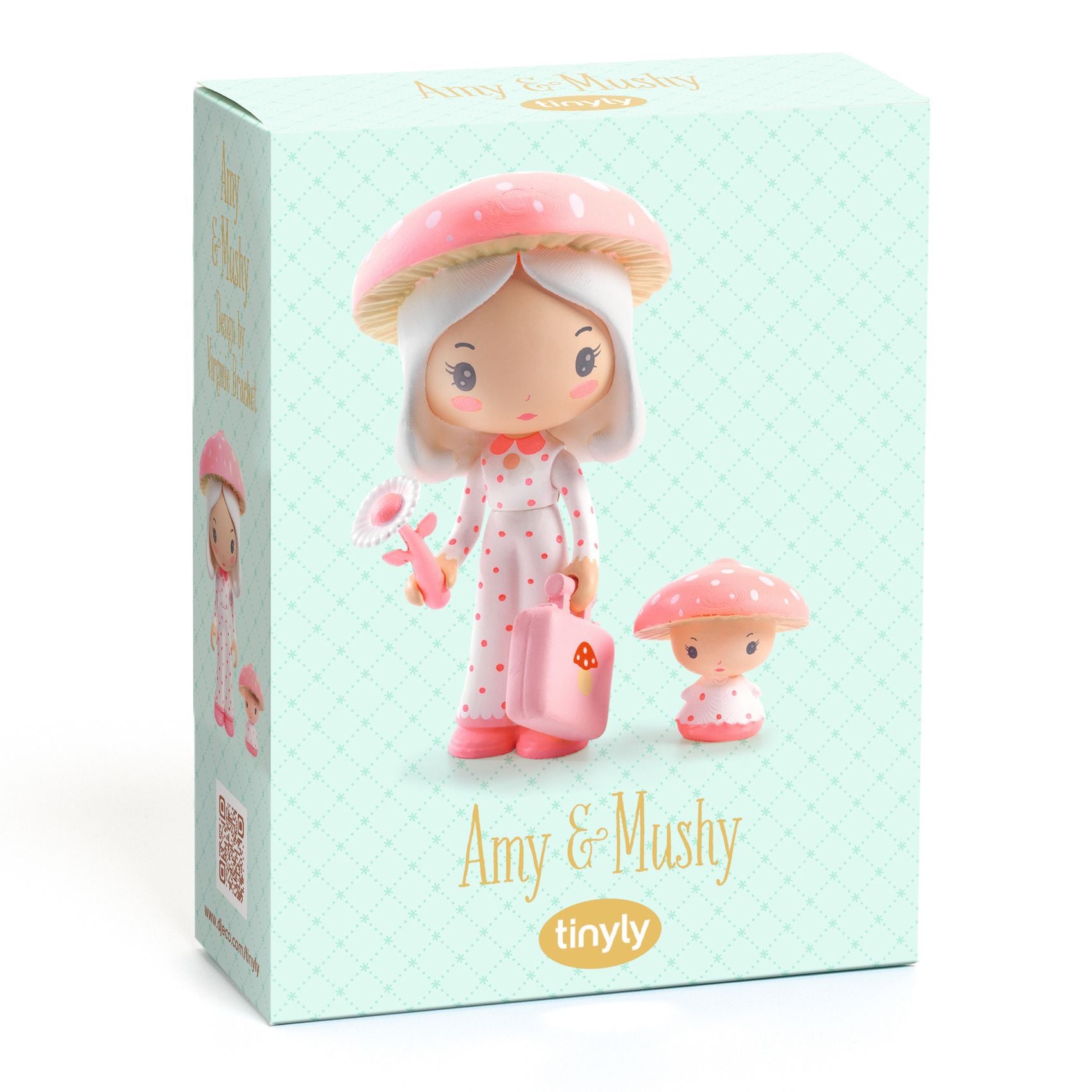 Product packaging for 'Amy & Mushy' dolls by tinyly on a light green background
