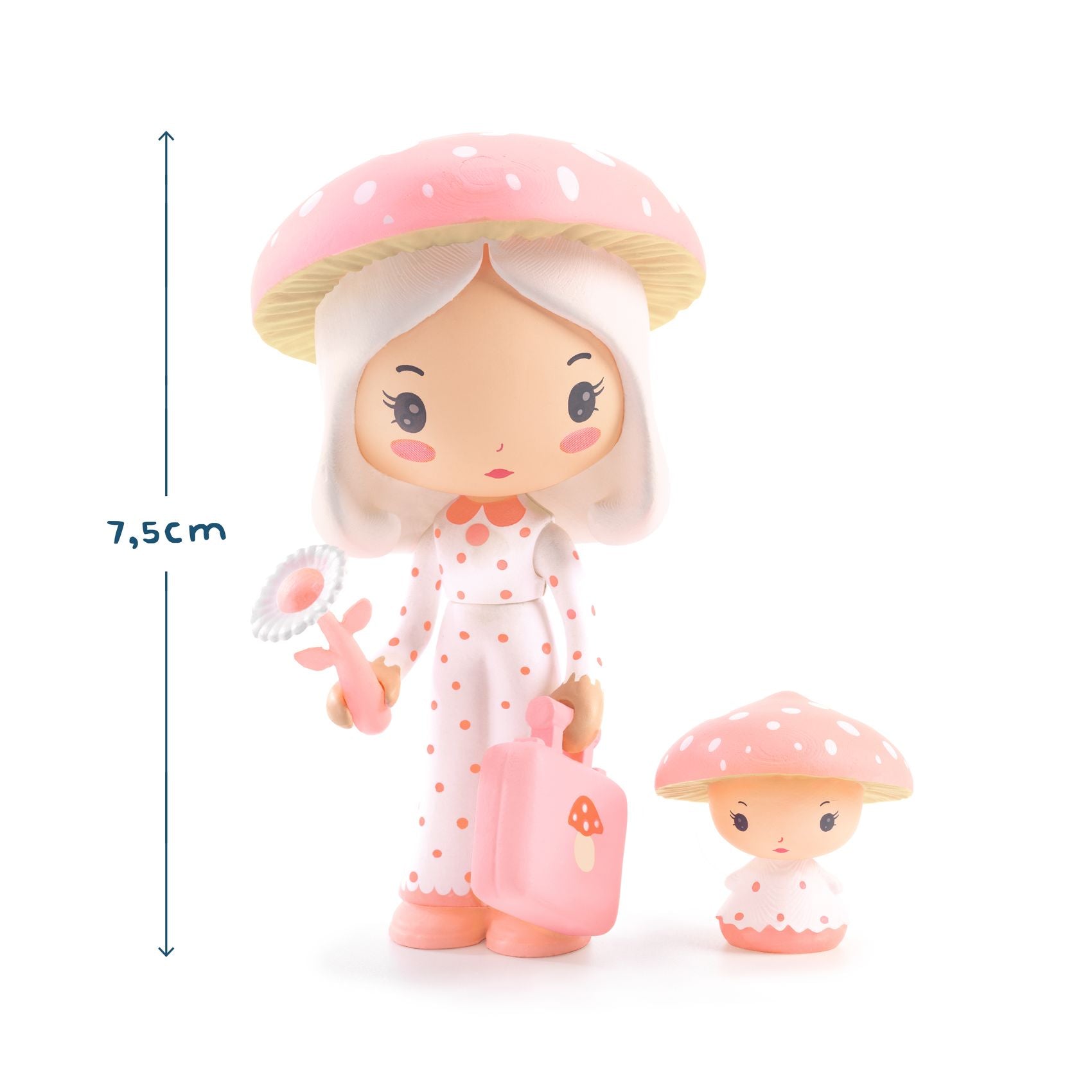 Toy figures with a pink mushroom hat and suitcase
