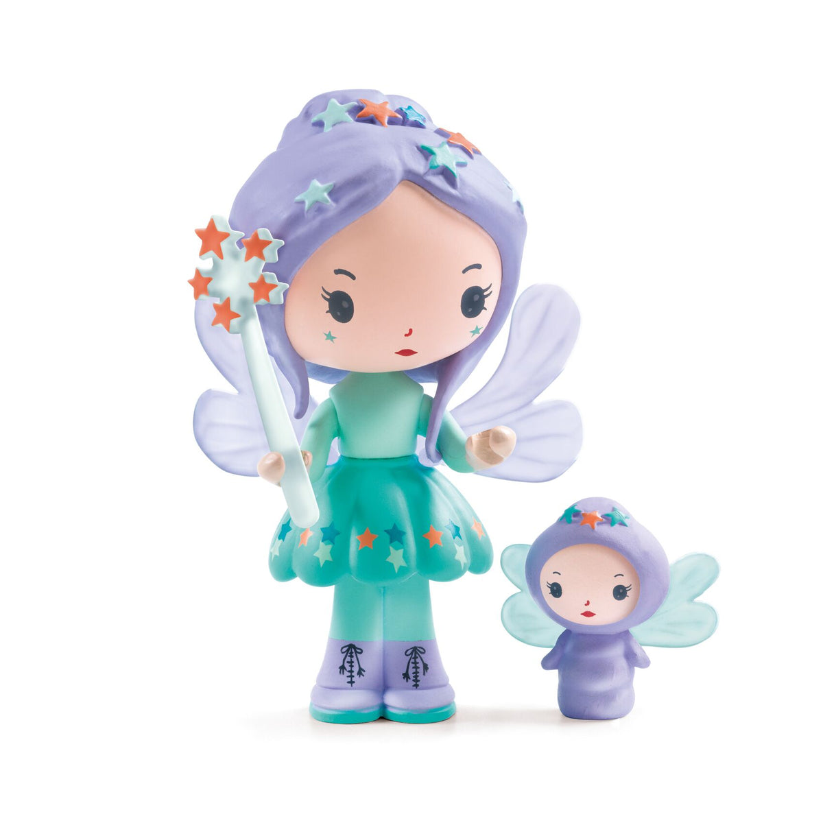 A cute fairy-themed toy set featuring a larger fairy figure with lavender hair, star accents, a mint green top, and a teal skirt, alongside a smaller matching fairy figure, photographed on a clean white background.