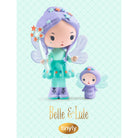 A toy figurine set featuring a larger fairy girl named Belle and a smaller fairy named Lule, displayed against a mint green patterned background with the text 'Belle & Lule' and the brand 'tinyly'.