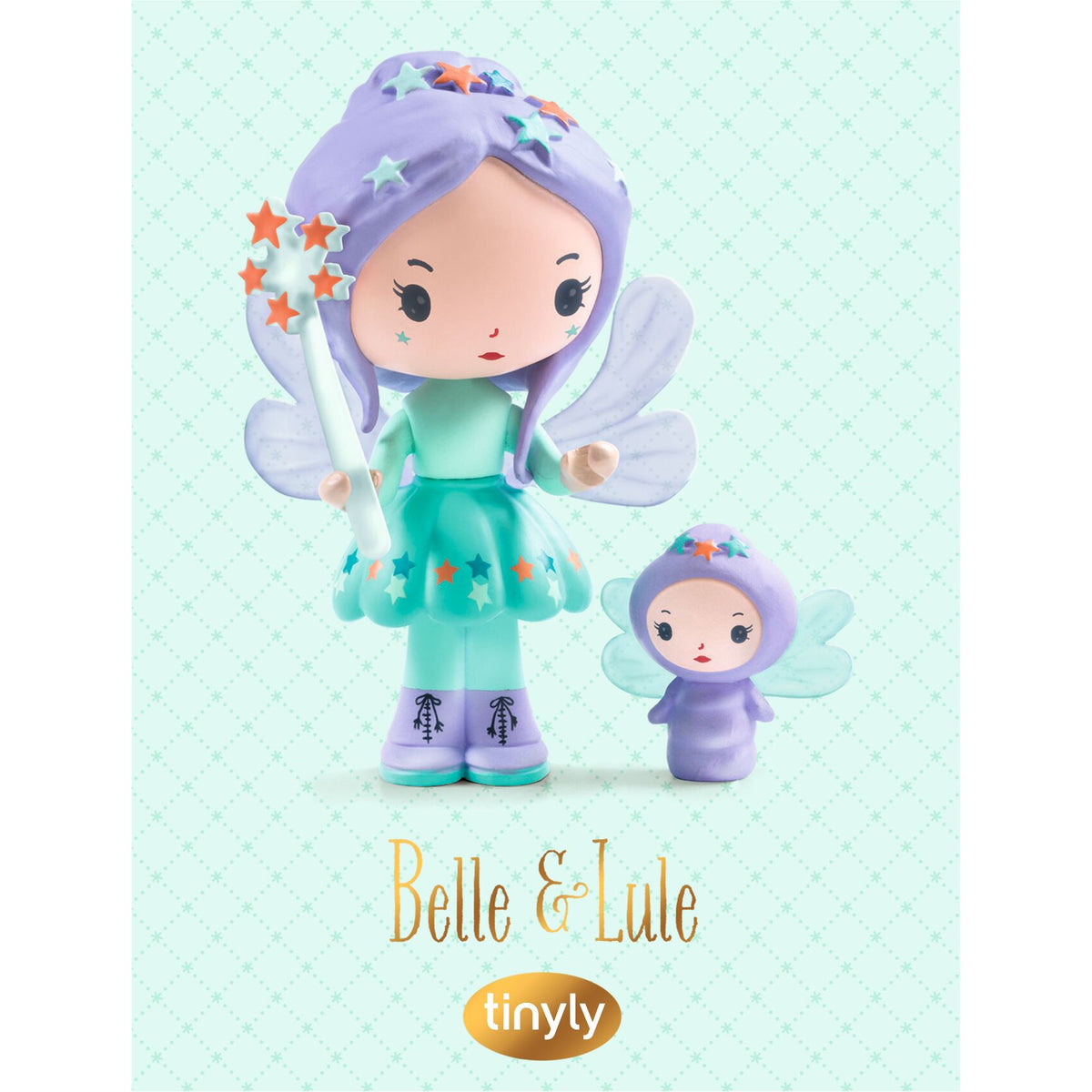 A toy figurine set featuring a larger fairy girl named Belle and a smaller fairy named Lule, displayed against a mint green patterned background with the text 'Belle & Lule' and the brand 'tinyly'.