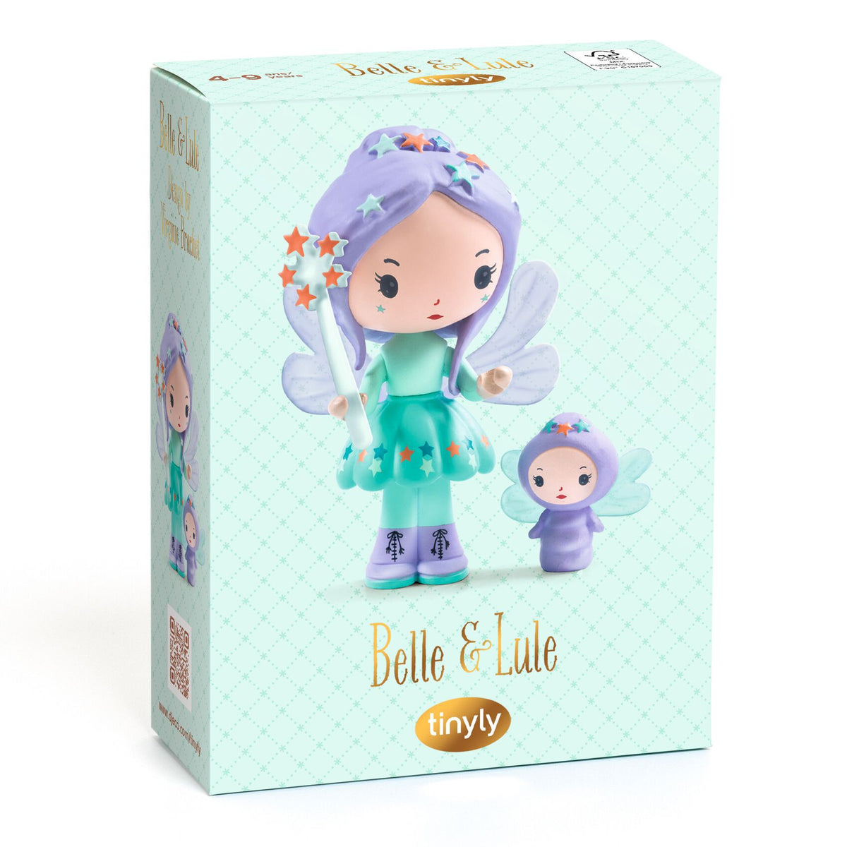 A boxed toy set featuring Belle and Lule fairy figures, shown in its mint green retail box with printed character artwork and the brand name tinyly.