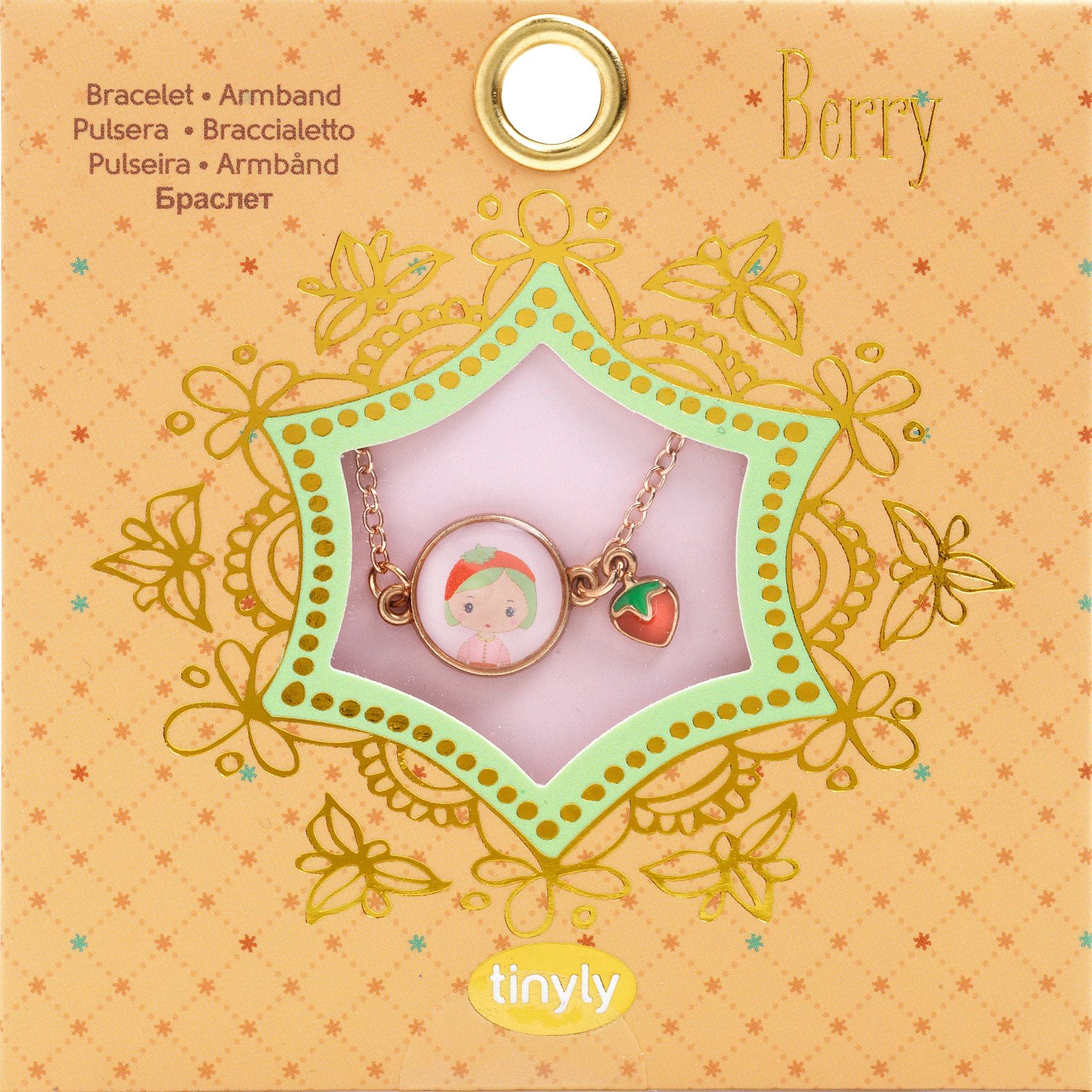 Bracelet with character and berry charm in packaging, featuring 'tinyly' brand.
