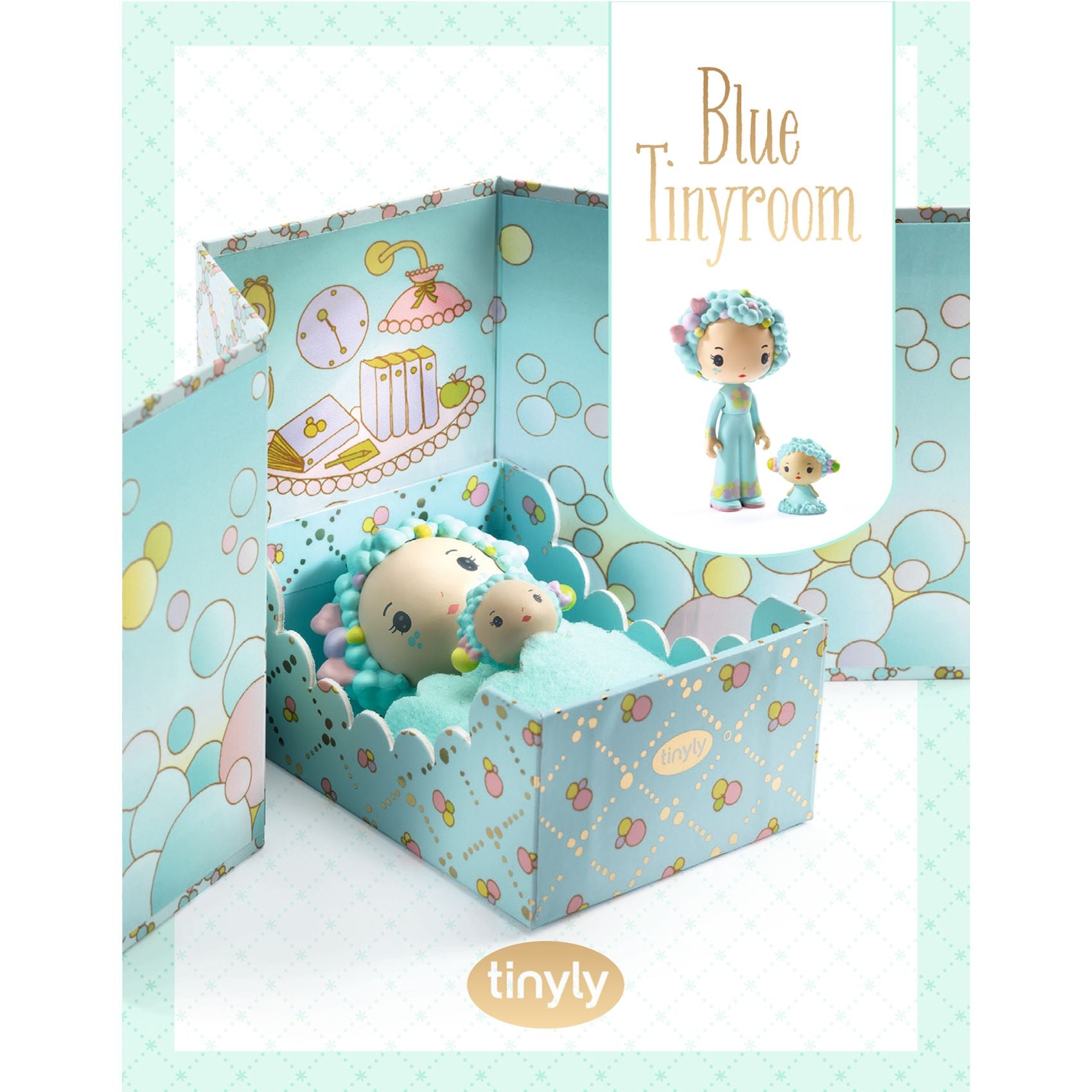 Blue toy room set with toy figures inside, featuring the brand 'tinyly'.
