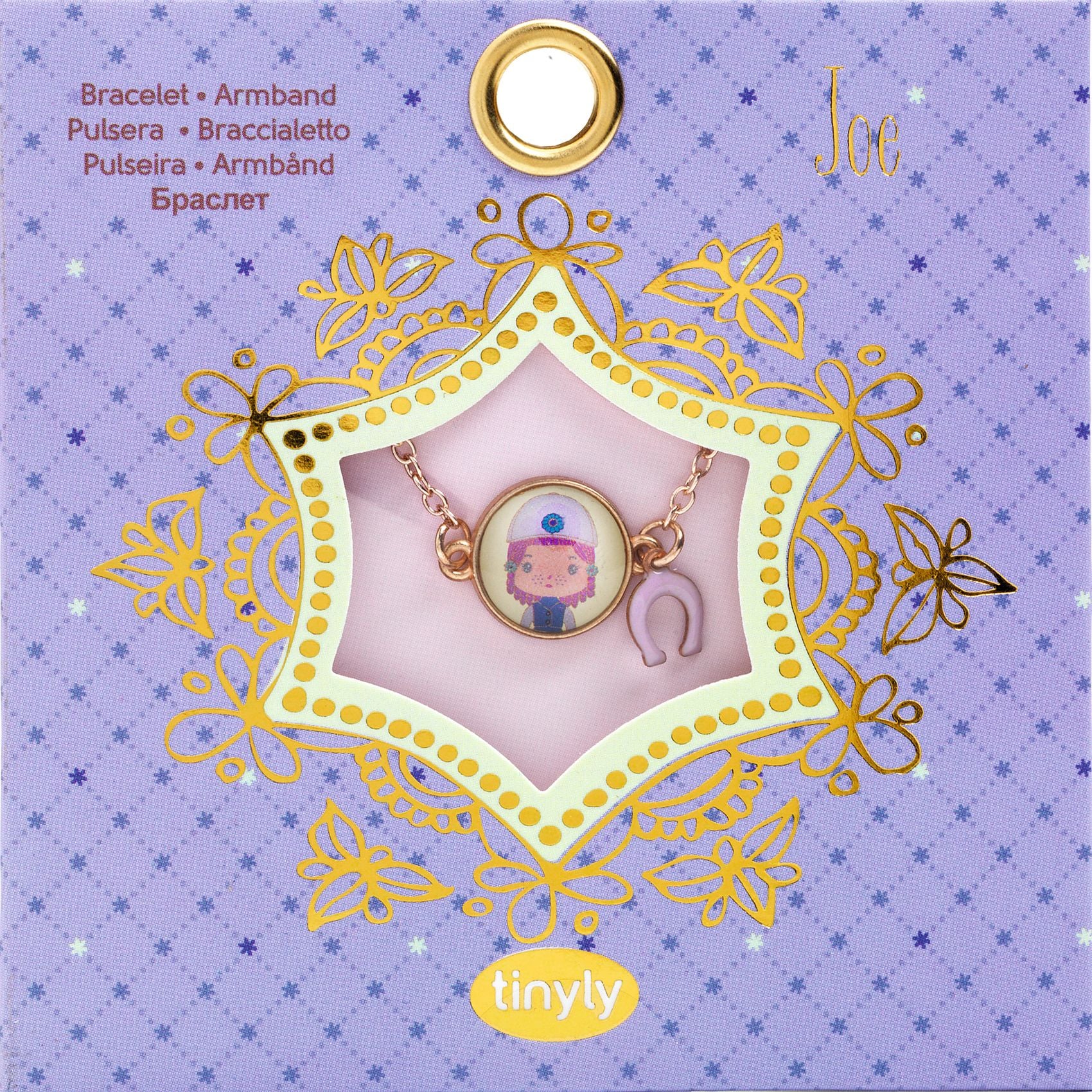 Bracelet with character charm on a decorative card with 'tinyly' branding