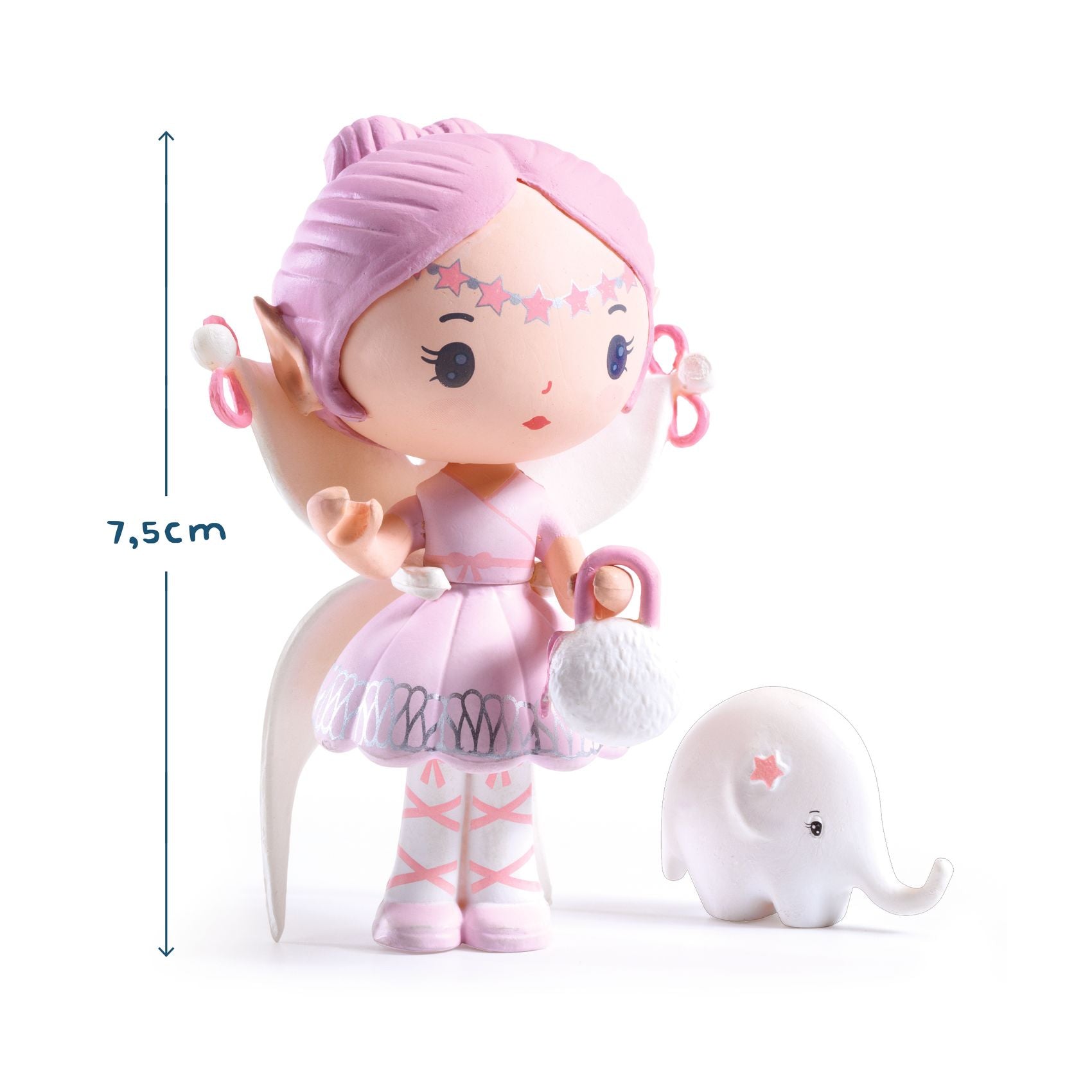 Small doll with pink hair and outfit, standing next to a white elephant toy, with a measurement label indicating 7.5cm.