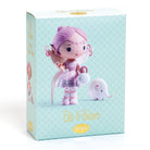 Toy packaging with a fairy-like character and elephant on a light blue background