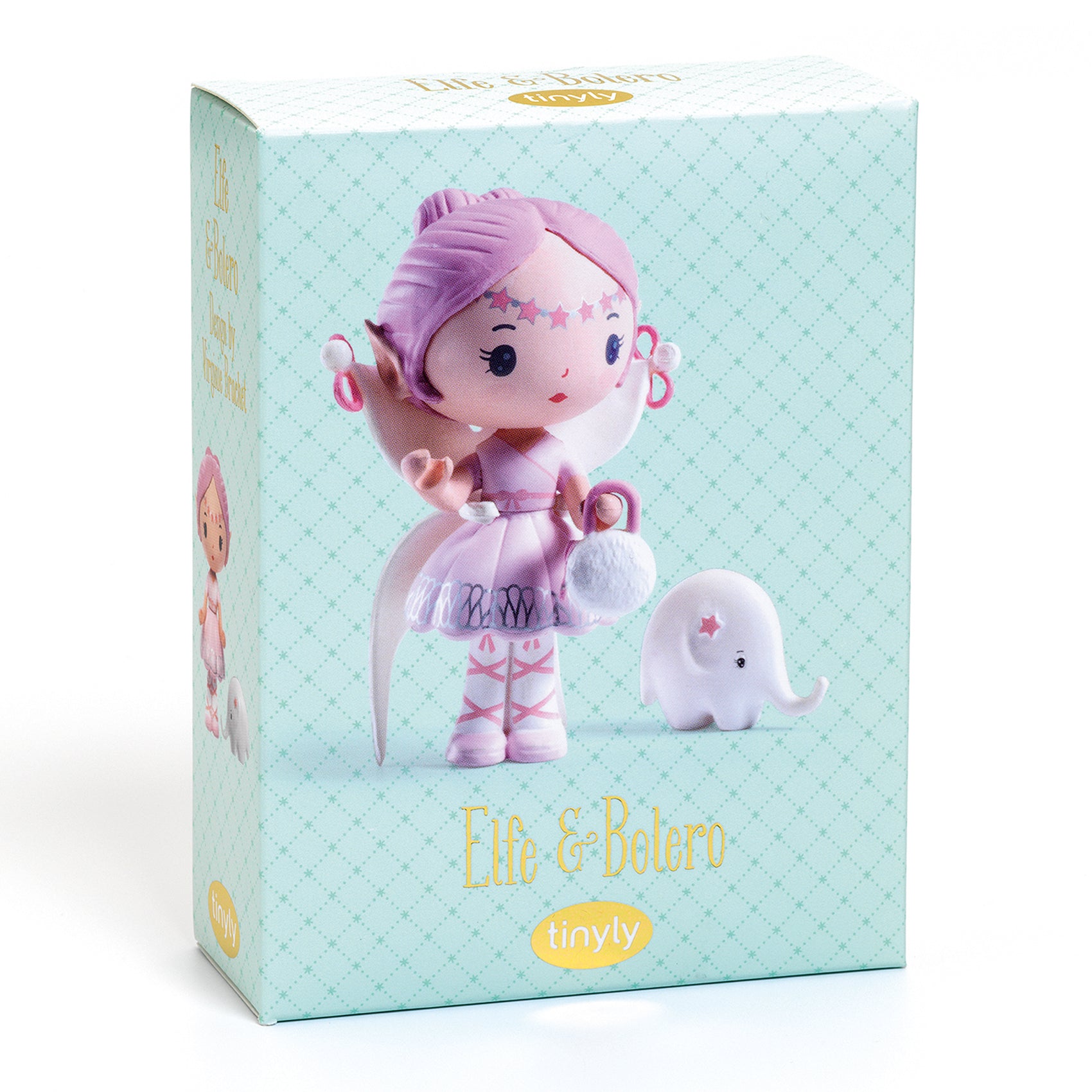 Toy packaging with a fairy-like character and elephant on a light blue background