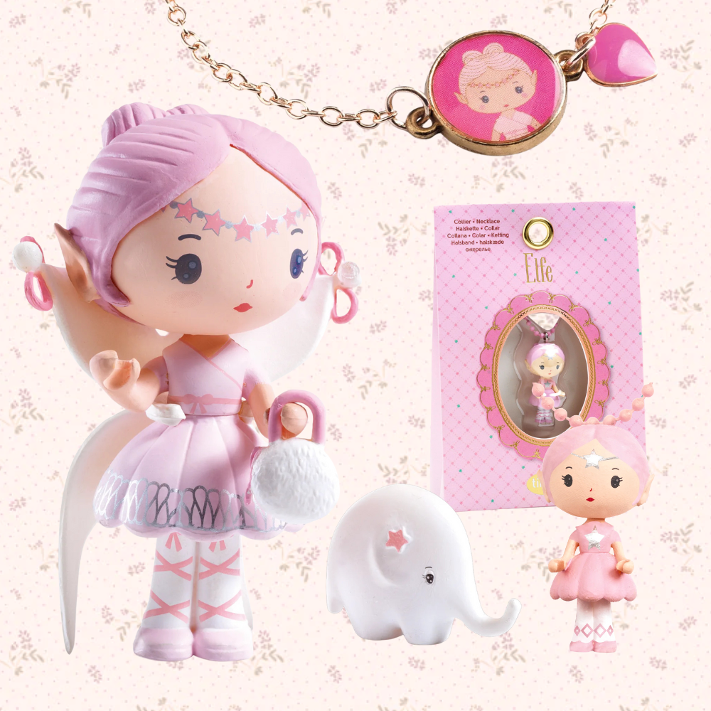 Cute fairy-like doll with pink hair and outfit, accompanied by a small elephant toy and packaging on a decorative background.