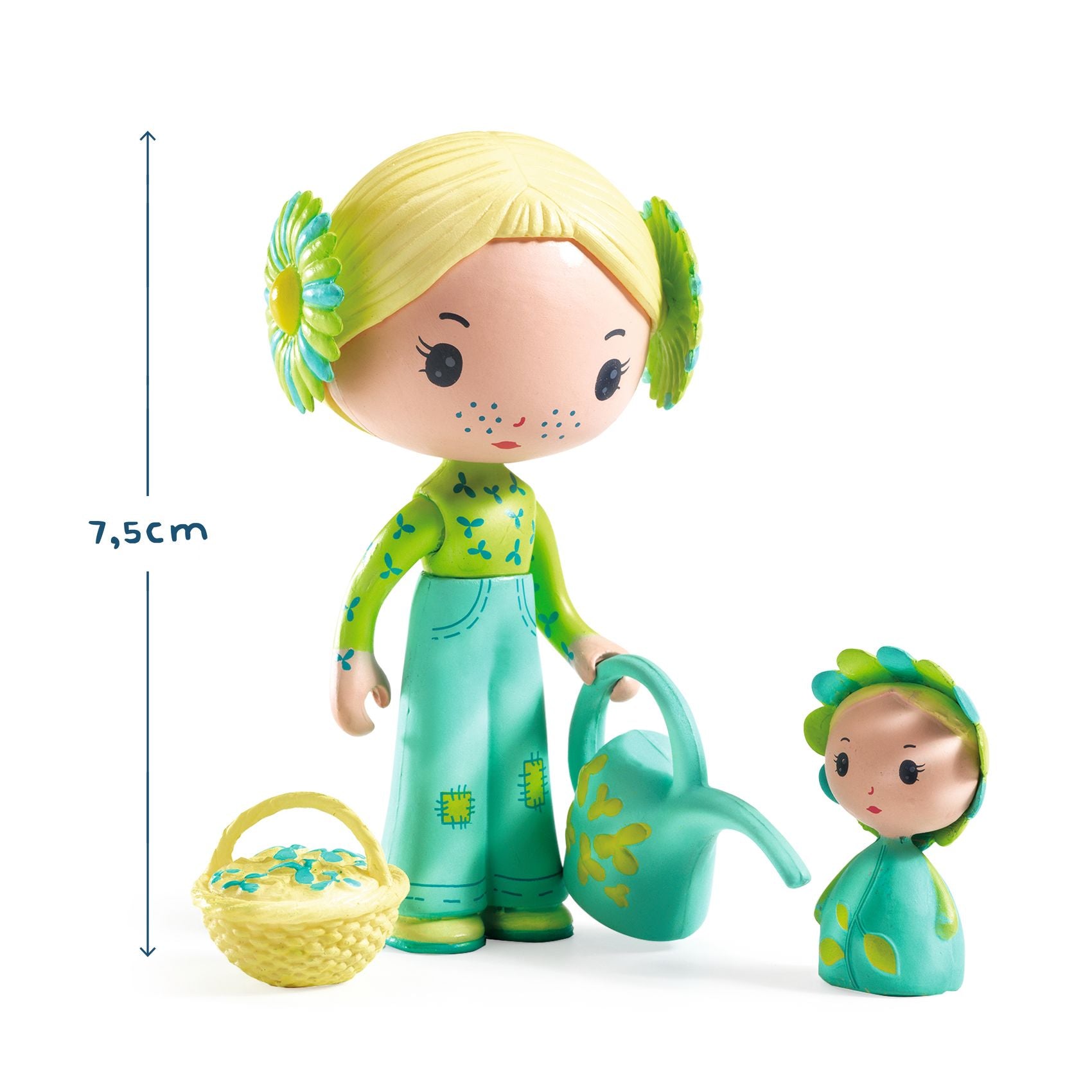 Toy figure with a smaller figure, basket, and watering can on a white background