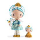 Two  Djeco Tinyly figurines in blue and gold attire with a white dove on a white background