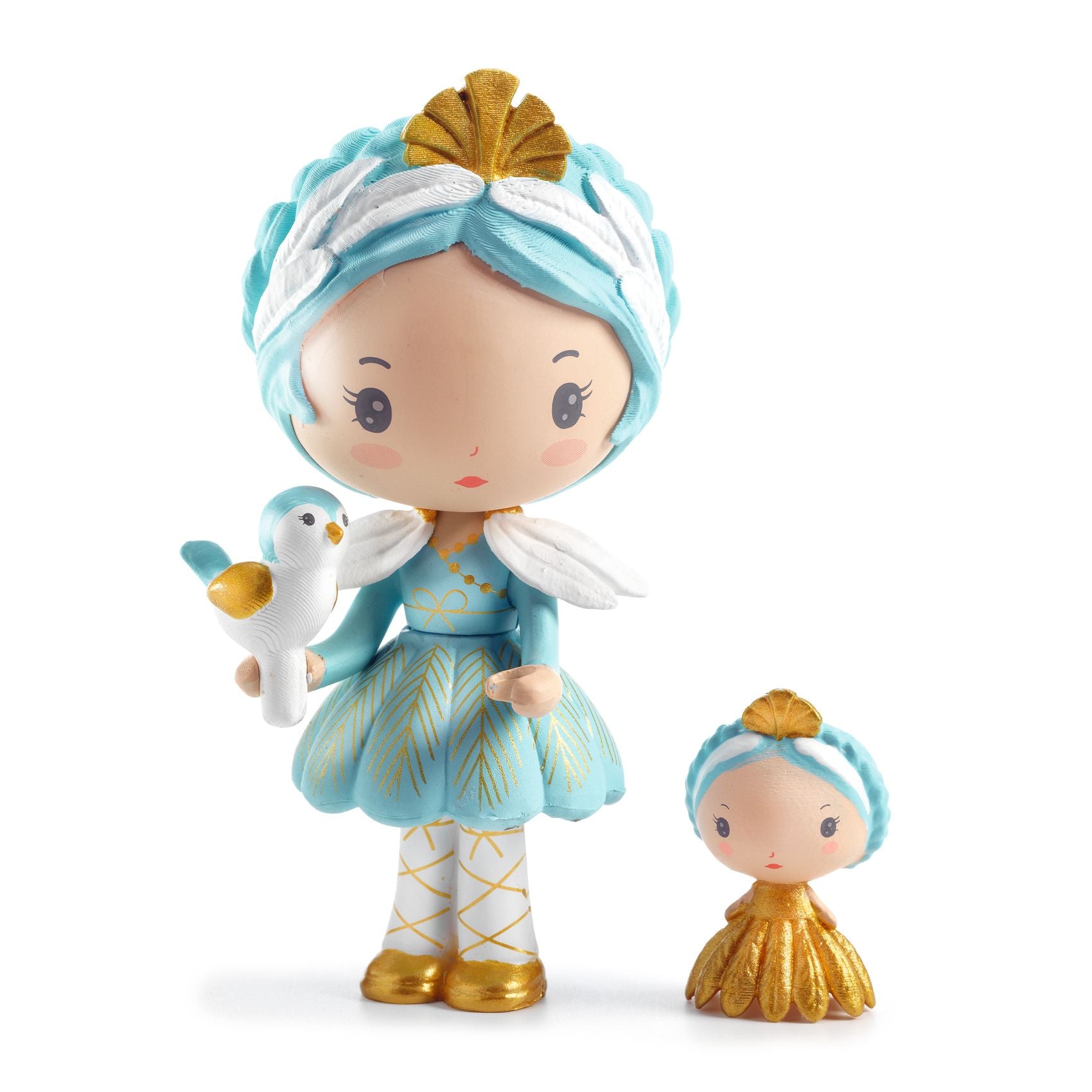 Two  Djeco Tinyly figurines in blue and gold attire with a white dove on a white background