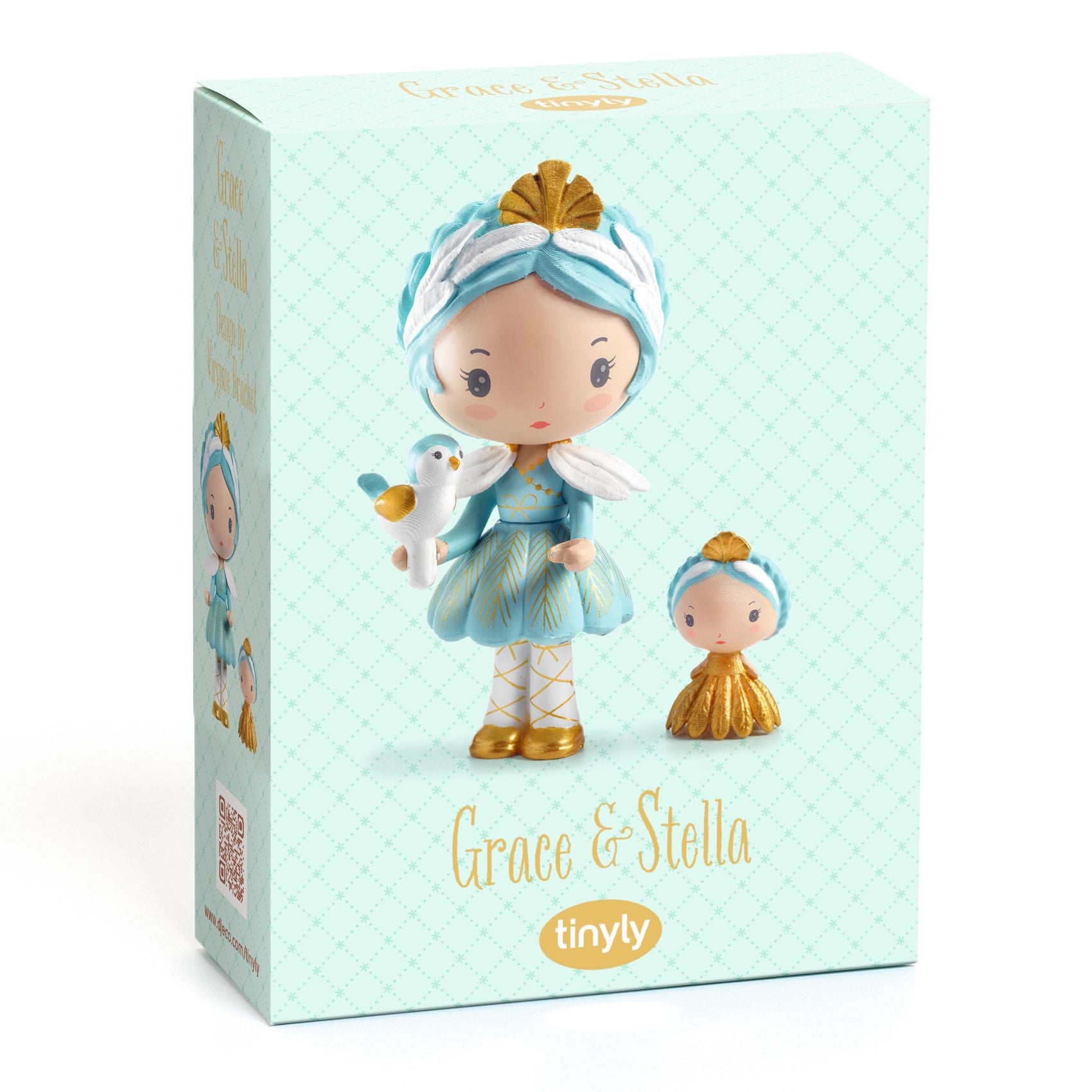 Toy figure with blue dress and white headband on a teal box with 'Grace & Stella' branding.